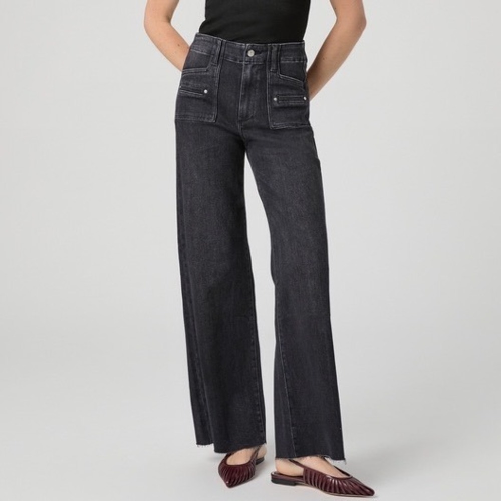 Paige Anessa‎ 31 High Rise Wide Leg Jeans Space Black Patch Pockets 24